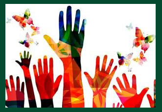  colorful hands held up